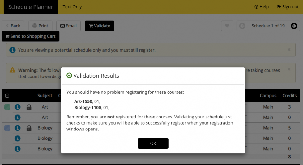 Screenshot of Schedule Planner - Successful Validate Schedule